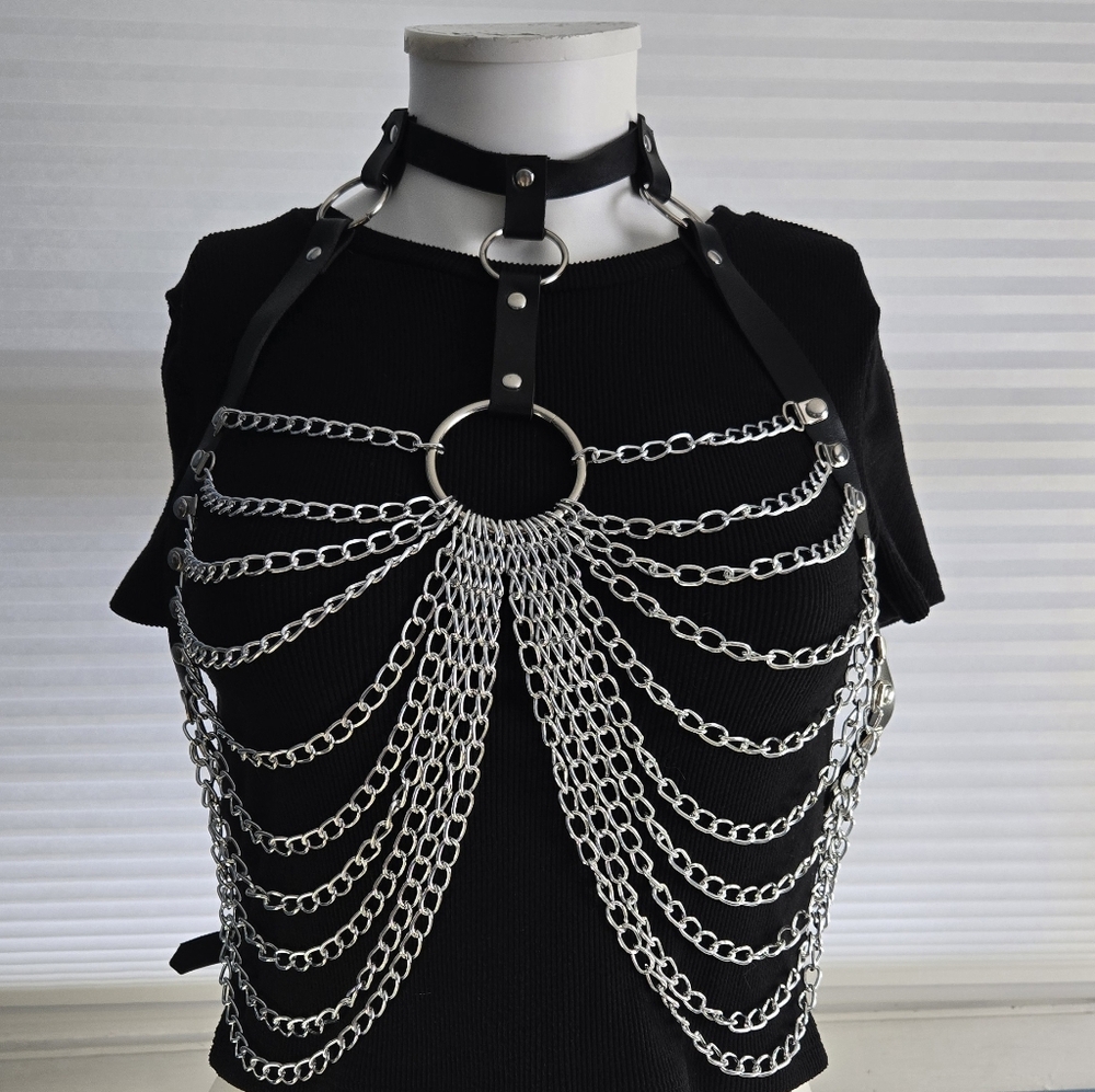 NEW! Leather Chest Harness Black Bra Caged Body Chain Goth Festival Rave Corset